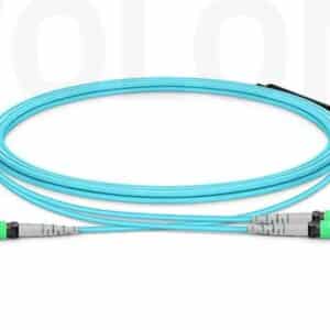 8-Fiber MTP-12 to 2x MTP-4 APC conversion breakout cable OM3 Type B base-8 architecture