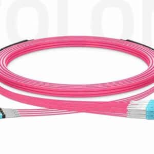 Custom length pink OM4 MTP-8 to LC Uniboot trunk cable optimized for direct spine-to-leaf switch connectivity.
