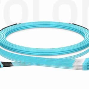 Aqua OM3 MTP-12 to LC Uniboot mpo trunk cable customized for space-saving legacy 10G rack environments.