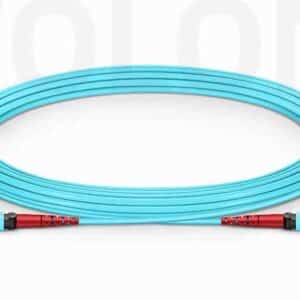 Aqua OM3 MTP-24 jumper engineered for high-density 100GBASE-SR10 enterprise networks and budget trunking consolidation.
