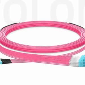 Pink OM4 MTP-12 to LC Uniboot trunk cable custom manufactured by Wolontek for high-density enterprise network consolidation.