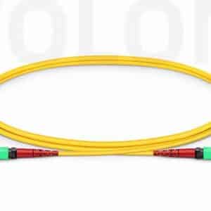 Yellow OS2 MTP-24 single-mode patch cord featuring precision APC polish for massive parallel long-haul telecom links.