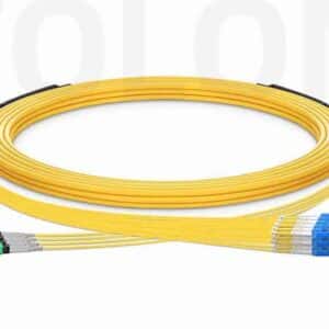 Yellow OS2 singlemode MTP-8 to LC Uniboot mpo breakout cable fully customized to reduce rack congestion.