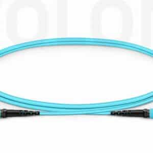 Aqua jacket Custom OM3 MTP-12 to MTP-12 patch cord by Wolontek, designed for cost-effective 40G data center routing.
