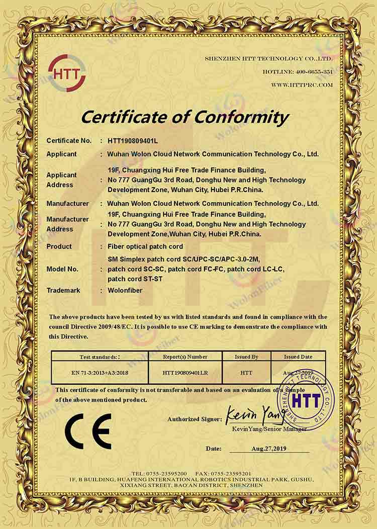 WolonFiber Fiber Optic Patch Cord CE Compliance Certificate