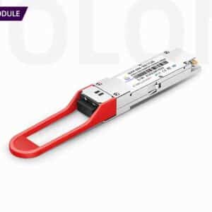 OEM 100GBASE-ER4 QSFP28 long-haul optical transceiver with red pull-tab, 40km single-mode LC interface for core routing interconnects.