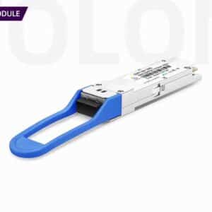 Custom 100GBASE-LR4 QSFP28 single-mode optical module, 10km reach with blue pull-tab LC interface for metropolitan area networks.