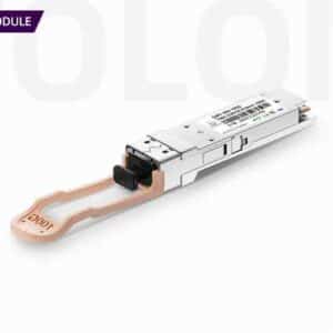 Wolon custom 100GBASE-SR4 QSFP28 optical transceiver module with beige pull-tab and MPO interface, 100m multimode for Spine-Leaf interconnects.