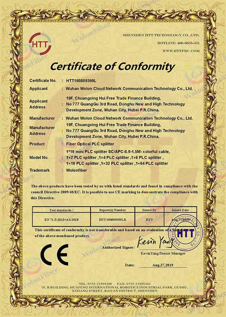 WolonFiber Mini PLC Splitter CE Certificate of Conformity