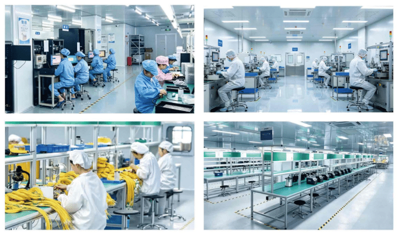 Skilled technicians working in a Class 100 ISO 5 dust-free cleanroom for optical transceiver assembly