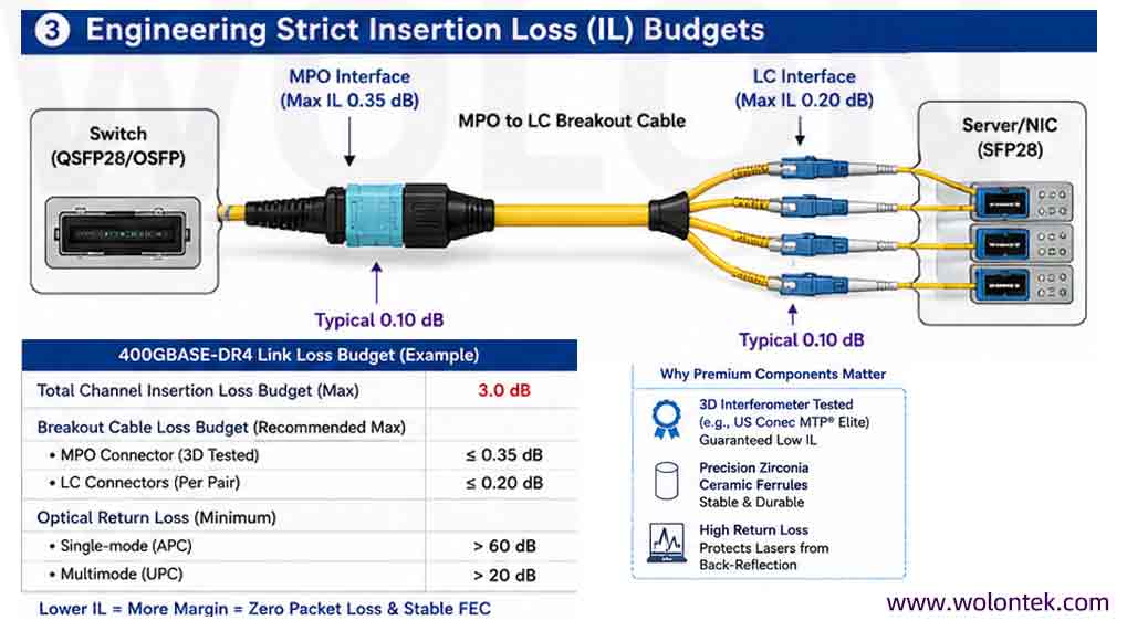 MPO to LC Breakout Cables Guide Strict insertion loss budget diagram for a 400GBASE-DR4 link, showing a maximum IL of 0.35dB for the premium MPO interface and 0.20dB for the LC connectors.