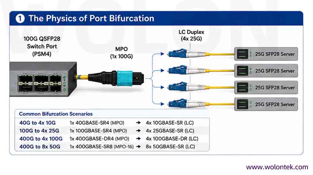MPO to LC Breakout Cables Guide Diagram illustrating port bifurcation using an MPO to LC breakout cable to physical split a 100G QSFP28 switch port into four 25G SFP28 server connections.