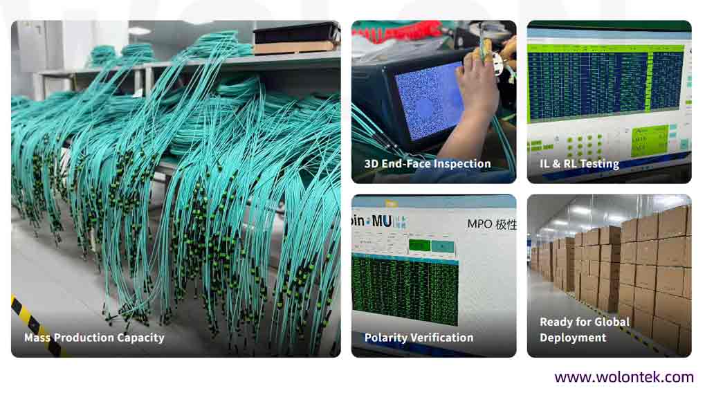 Wolontek factory mass production and strict quality control processes for MPO breakout cables, including 3D end-face inspection, IL/RL testing, and polarity verification.