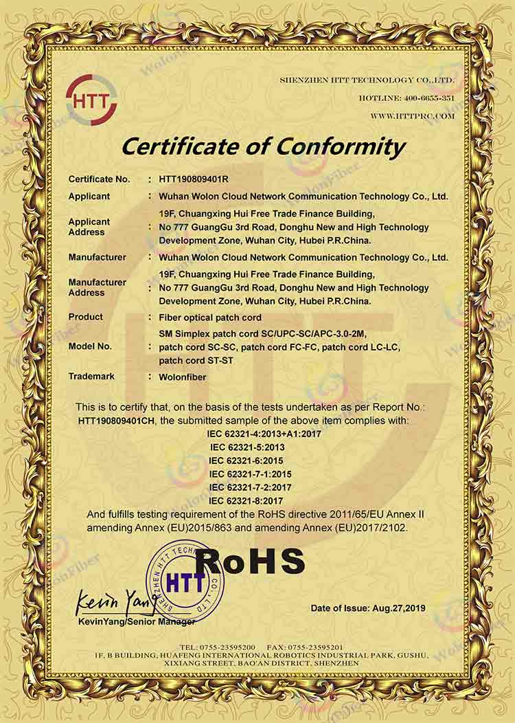 WolonFiber Fiber Optic Patch Cord RoHS Compliance Declaration