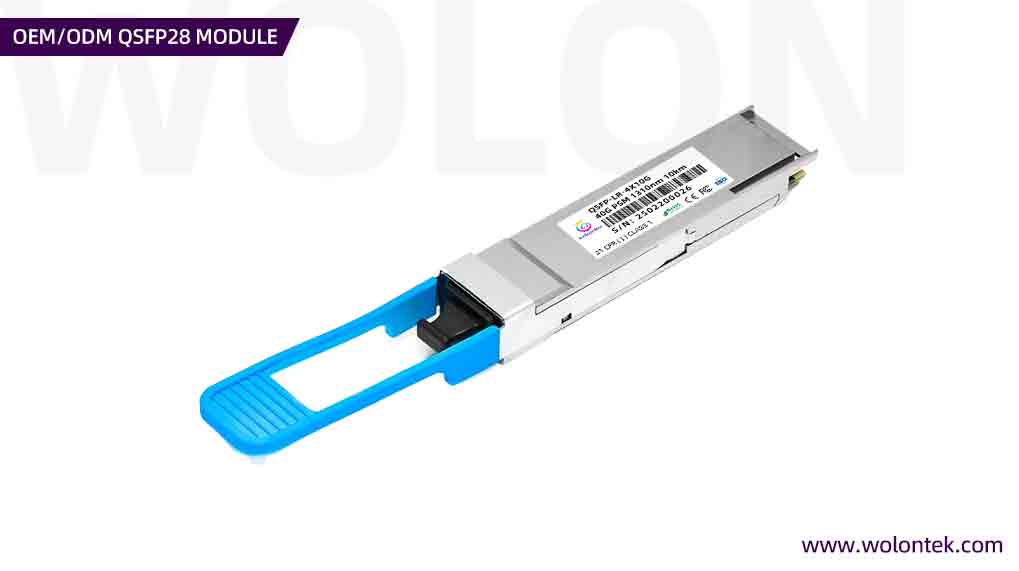 Custom 40G QSFP+ Parallel Single-Mode (SMF) Module by Wolon, utilizing an MPO/MTP connector for advanced 4x10G breakout routing.