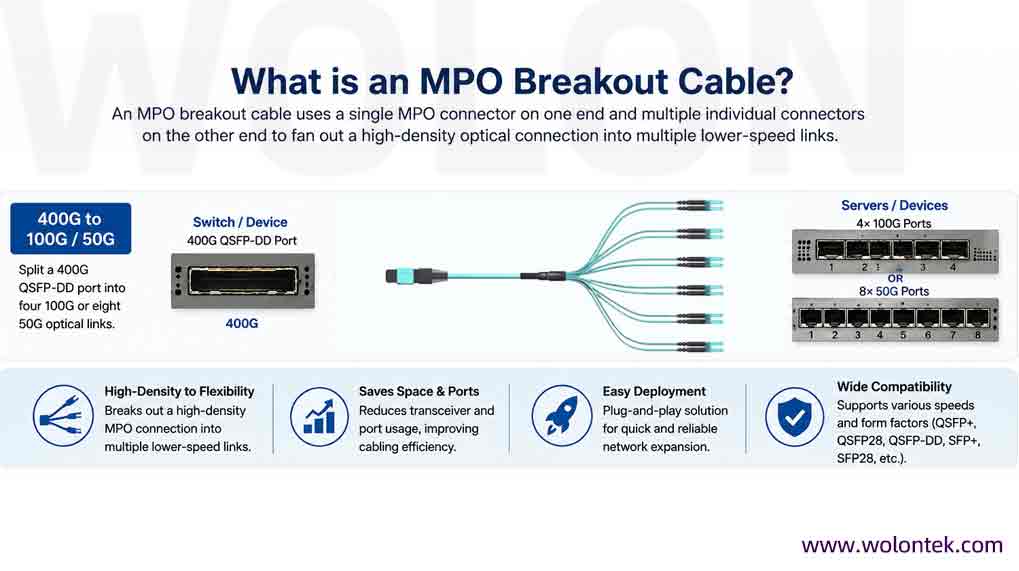 Technical diagram explaining how an MPO breakout cable works, demonstrating a single 400G QSFP-DD switch port splitting into four 100G or eight 50G server ports for high-density deployments.