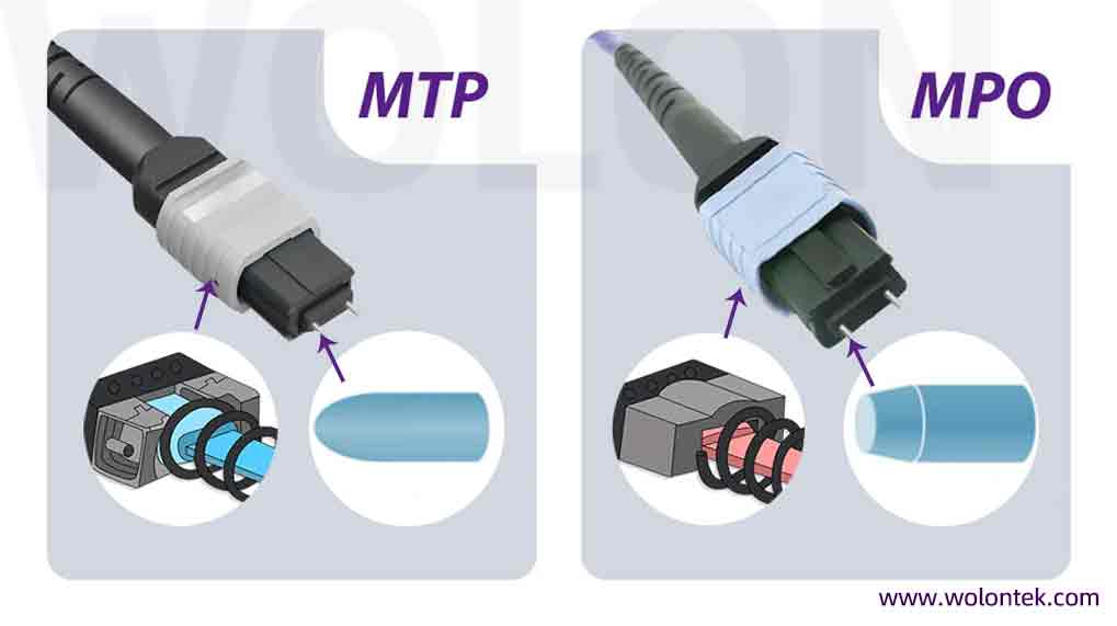 A detailed 3D cross-section comparing the internal mechanics of a premium MTP connector versus a standard MPO connector, highlighting differences in spring design and guide pins.